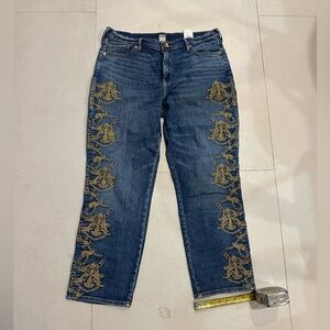 True Religion Women's Halle High-Rise Slim Straight Leg Fit Jean W/Gold Lurex 32
